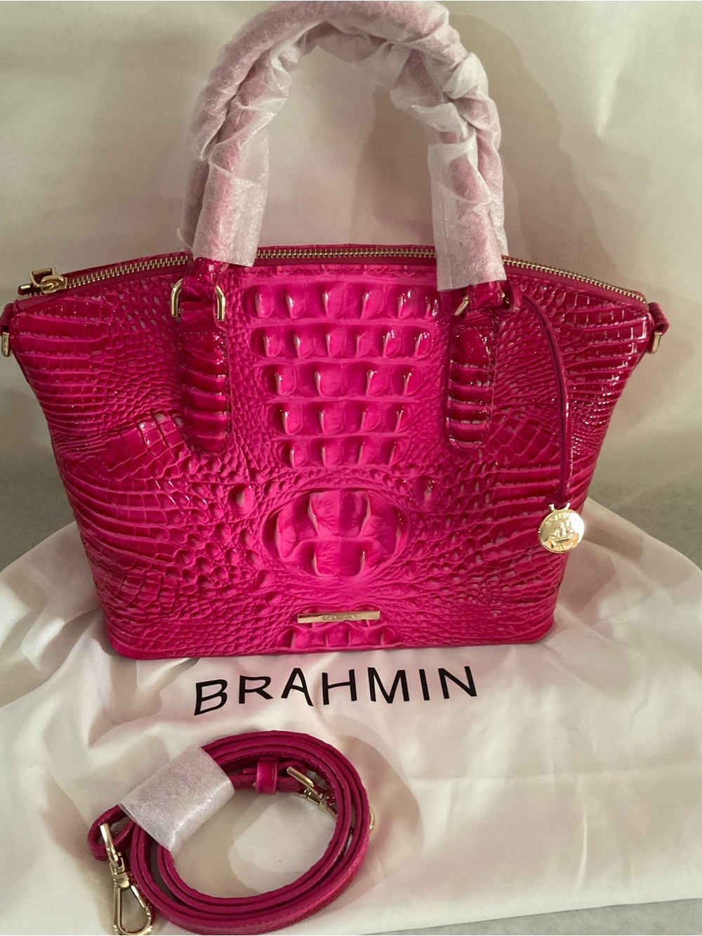 Brahmin Fiona Croc-Embossed Satchel in Bright Pink
